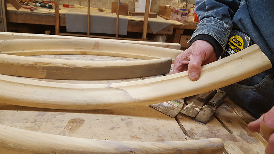 Dormer curved casing sections being restored